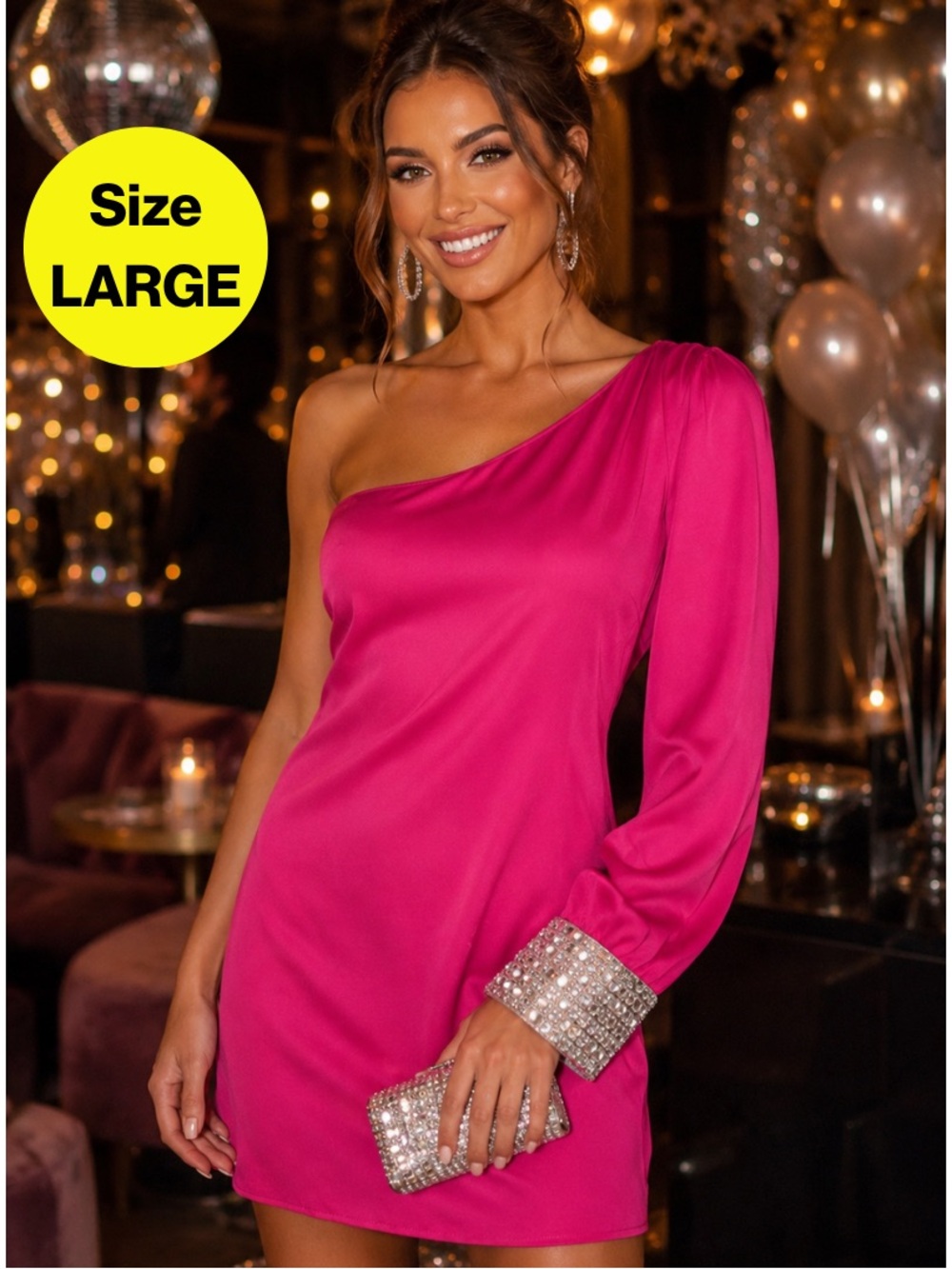 DEPRI 💎 Pretty In Hot Pink One-Shoulder Mini Dress, Diamond Cuff (Women’s Large)